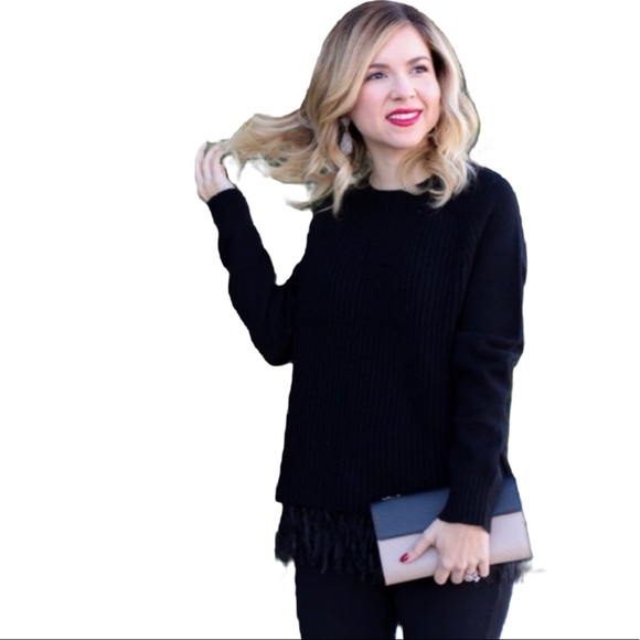 Nina Leonard Black Wool Feathers sweater NORDSTROM Fringe hem - Picture 2 of 7